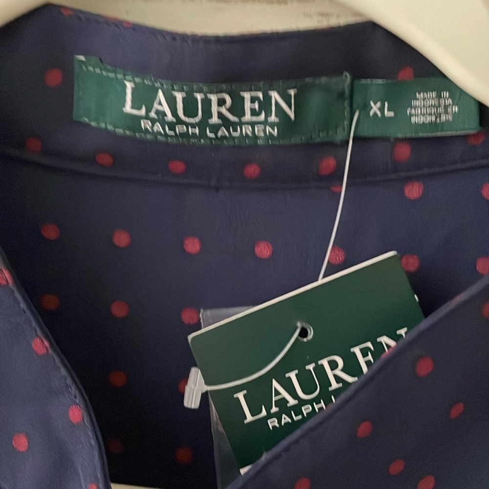 Lauren Ralph Lauren Navy Blue Ruffle Sleeved Polka Dot Blouse, size XL, NWT - Picture 3 of 12